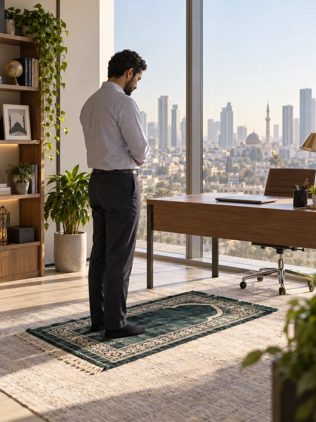 A Muslim man standing in prayer beside his closed laptop in a sunlit office
